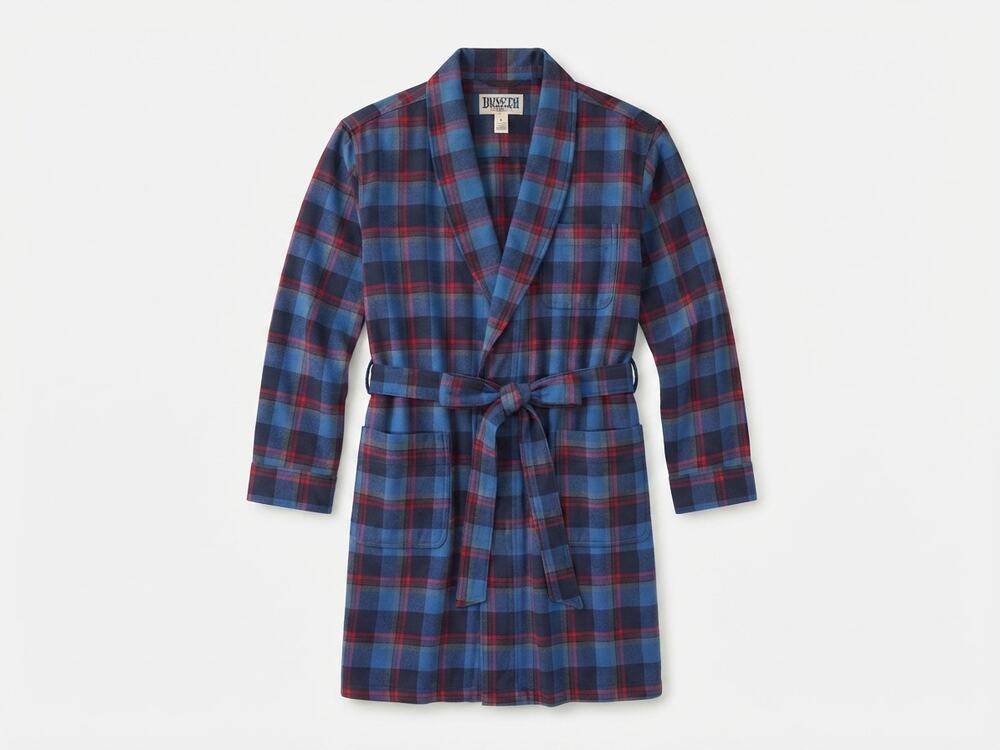 Duluth Trading Co M Blue Flannel Plaid Check Bath Robe Lounge Cabin Cotton